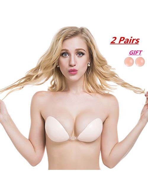 Adhesive Reusable Strapless Bra Invisible Silicone Stick on Push up Bras for Backless Dress, Pack of 2