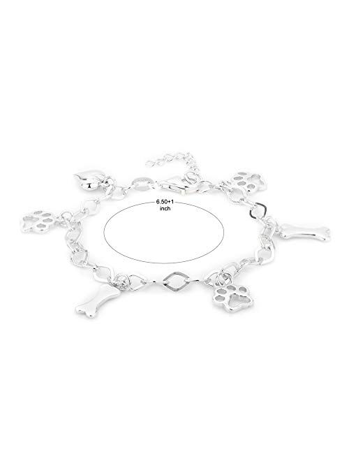 Vanbelle Sterling Silver Jewelry Hanging Multi Dog Paw and Bones Bracelets with Rhodium Plating for Women and Girls