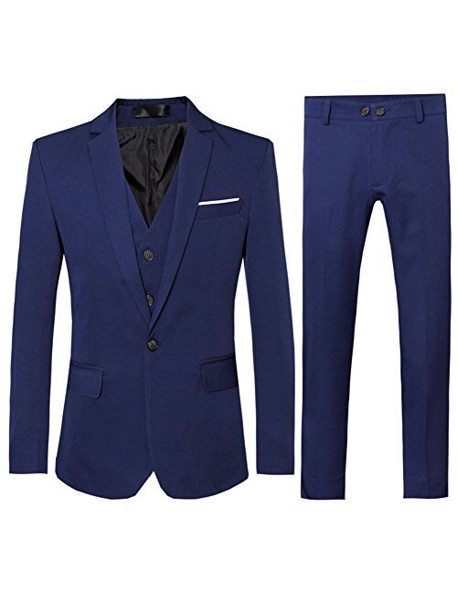 Men's Solid 3-Piece Slim Fit Suit One Button Formal Jacket Pants Vest Set Tuxedo Blazers