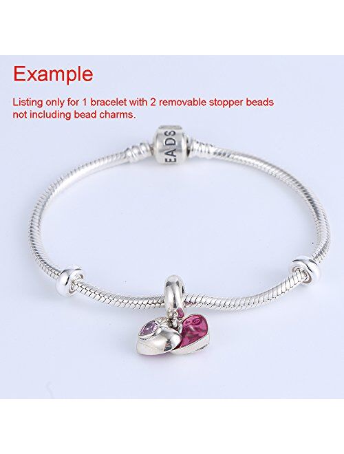 SOUKISS 925 Sterling Silver Snake Chain Bracelet with 2 Stopper Beads Charms Bracelet