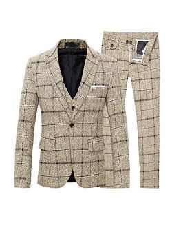 Men's 3-Piece Suit Plaid Slim Fit One Button Single-Breasted Wedding Blazer