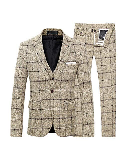 Men's 3-Piece Suit Plaid Slim Fit One Button Single-Breasted Wedding Blazer