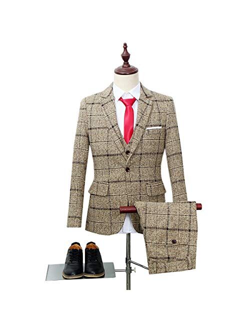 Men's 3-Piece Suit Plaid Slim Fit One Button Single-Breasted Wedding Blazer