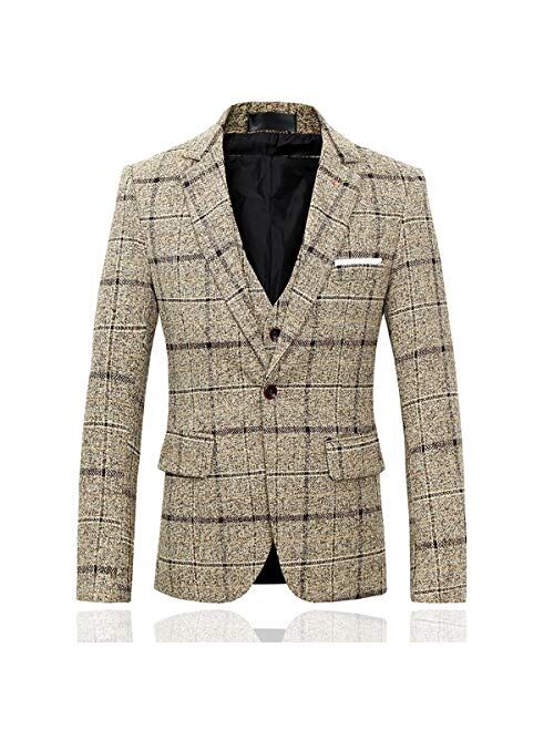 Men's 3-Piece Suit Plaid Slim Fit One Button Single-Breasted Wedding Blazer