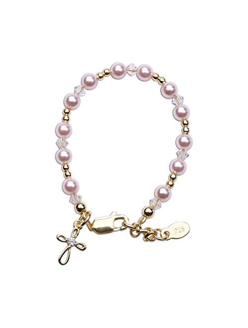 Children's 14K Gold-plated Bracelet with Pink High End Simulated Pearls and Cross Charm for Baptism, Christening or First Communion Gift for Girls