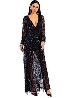 Miss ord Women Deep V Neck Long Sleeve Split Sequined Maxi Party Cocktail Dress