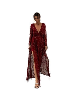 Miss ord Women Deep V Neck Long Sleeve Split Sequined Maxi Party Cocktail Dress