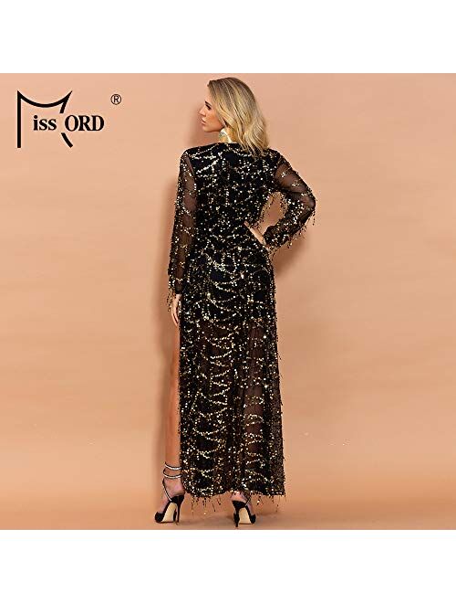 Miss ord Women Deep V Neck Long Sleeve Split Sequined Maxi Party Cocktail Dress