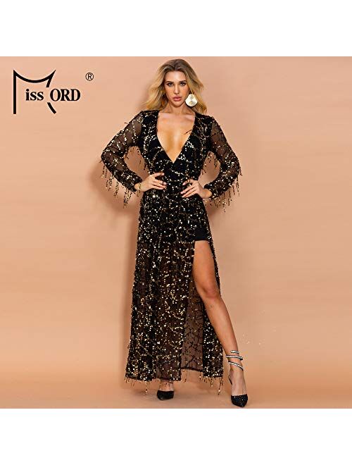 Miss ord Women Deep V Neck Long Sleeve Split Sequined Maxi Party Cocktail Dress