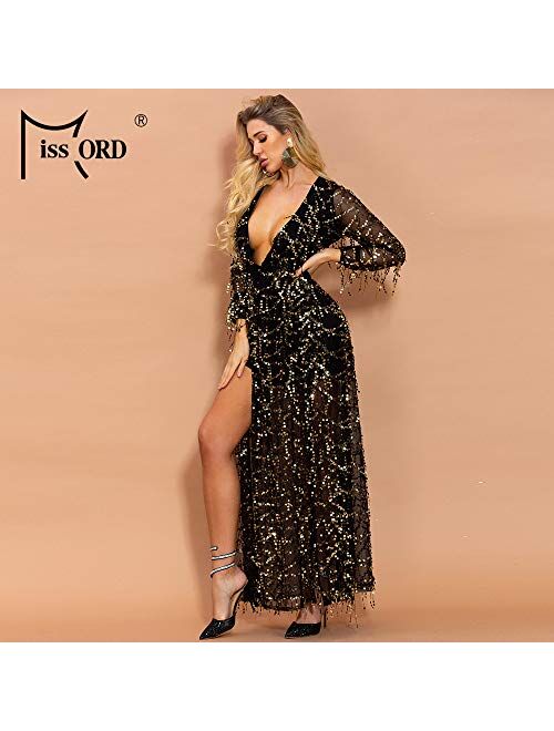 Miss ord Women Deep V Neck Long Sleeve Split Sequined Maxi Party Cocktail Dress