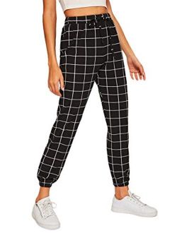 Women's Tie High Waist Striped Plaid Casual Long Pants with Pockets