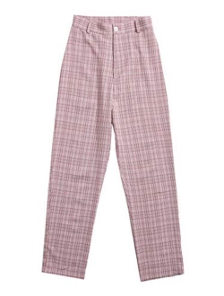 Women's Tie High Waist Striped Plaid Casual Long Pants with Pockets