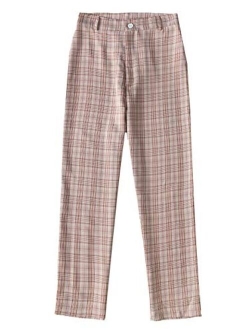 Women's Tie High Waist Striped Plaid Casual Long Pants with Pockets