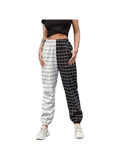 Women's Tie High Waist Striped Plaid Casual Long Pants with Pockets