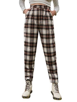 Women's Tie High Waist Striped Plaid Casual Long Pants with Pockets