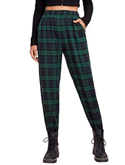 Women's Tie High Waist Striped Plaid Casual Long Pants with Pockets