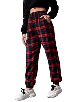 Women's Tie High Waist Striped Plaid Casual Long Pants with Pockets