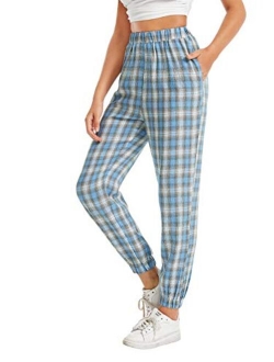 Women's Tie High Waist Striped Plaid Casual Long Pants with Pockets