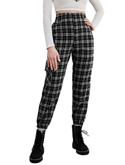 Women's Tie High Waist Striped Plaid Casual Long Pants with Pockets