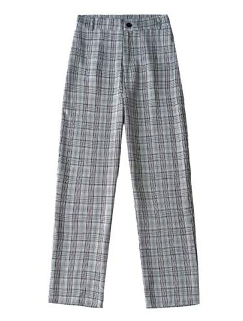 SweatyRocks Women's Tie High Waist Striped Plaid Casual Long Pants with Pockets