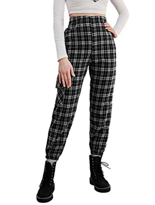 SweatyRocks Women's Tie High Waist Striped Plaid Casual Long Pants with Pockets