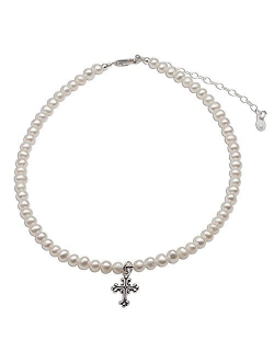 Children's Sterling Silver Cultured Pearl Bracelet with Cross for First Communion, Baptism or Christening