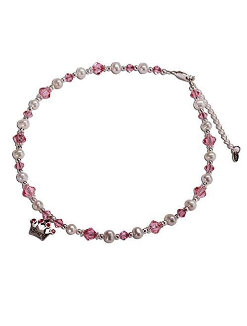 Girls Sterling Silver Princess Tiara Bracelet with Cultured Pearls and Pink High End Crystals