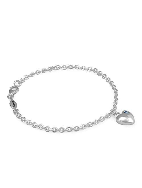 Girls Sterling Silver Simulated Birthstone Heart Charm Bracelet (5 1/2 or 6 1/2 In)