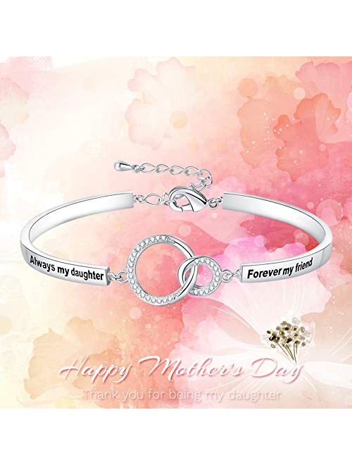 Ado Glo Mother’s Day Bracelet Gifts, Always My Daughter/Mom/Sister Forever My Friend Circles Bangle, White Gold Plated Fashion Jewelry, Birthday Anniversary for Women and