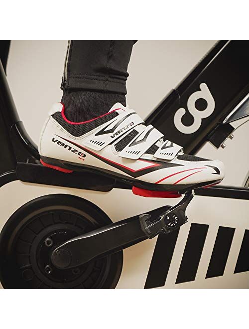 Venzo Bicycle Men's Road Cycling Riding Shoes - 3 Straps- Compatible with Peloton Shimano SPD & Look ARC Delta - Perfect for Road Racing Bikes White