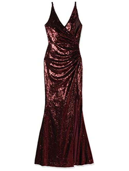 Dress the Population Women's Jordan Plunging Drape Front Sleeveless Long Gown with Slit