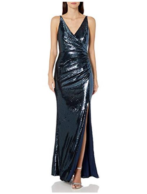 Dress the Population Women's Jordan Plunging Drape Front Sleeveless Long Gown with Slit