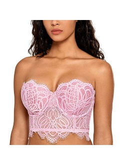 DOBREVA Women's Floral Lace Strapless Bra Lightly Lined Underwire Mini Bustier Longline