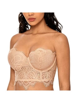 DOBREVA Women's Floral Lace Strapless Bra Lightly Lined Underwire Mini Bustier Longline