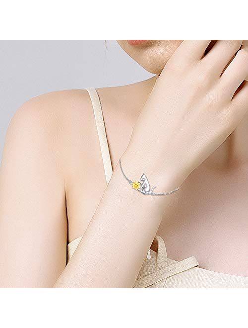 AOBOCO Cat Bracelet for Girls 925 Sterling Silver Cat Pendant Adjustable Link Bracelet Birthday Jewelry Gifts for Cat Lover