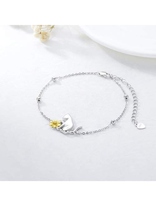 AOBOCO Cat Bracelet for Girls 925 Sterling Silver Cat Pendant Adjustable Link Bracelet Birthday Jewelry Gifts for Cat Lover