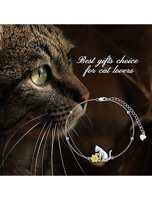 AOBOCO Cat Bracelet for Girls 925 Sterling Silver Cat Pendant Adjustable Link Bracelet Birthday Jewelry Gifts for Cat Lover