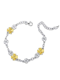 JIANGXIN 925 Sterling Silver Birthstone Chain Link Bracelet for Women Girl Lucky Four leaf clover Gemstone Fine Jewelry Good Luck Shamrock Birthday Gift