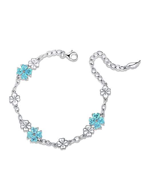 JIANGXIN 925 Sterling Silver Birthstone Chain Link Bracelet for Women Girl Lucky Four leaf clover Gemstone Fine Jewelry Good Luck Shamrock Birthday Gift