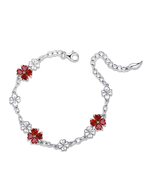 JIANGXIN 925 Sterling Silver Birthstone Chain Link Bracelet for Women Girl Lucky Four leaf clover Gemstone Fine Jewelry Good Luck Shamrock Birthday Gift