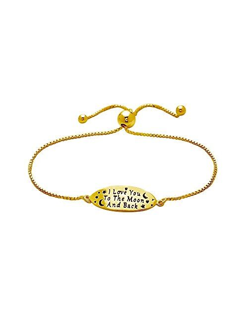 PORI JEWELERS 925 Sterling Silver I Love You to The Moon and Back Inspirational Quote Adjustable Charm Bracelet - Yellow or Silver