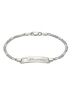 Personalized Sterling Silver Figaro Link Girls Heart ID Bracelet Custom Engraved Free - 7" Length - Ships from USA