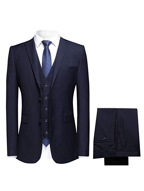 Mens 3 Piece Solid Suit Set Classic Fit Formal 2 Button Tux Dress Suits