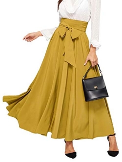 Women's Elegant High Waist Skirt Tie Front Pleated Maxi Skirts