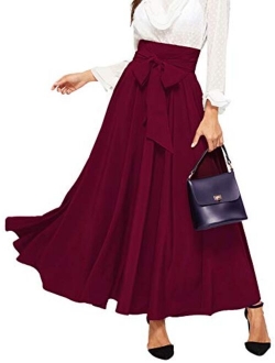 Women's Elegant High Waist Skirt Tie Front Pleated Maxi Skirts