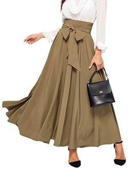 Women's Elegant High Waist Skirt Tie Front Pleated Maxi Skirts