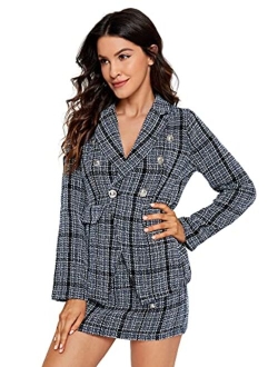 Women's Business Suit 2 Pieces Tweed Blazer Jacket Coat and Skirt Set