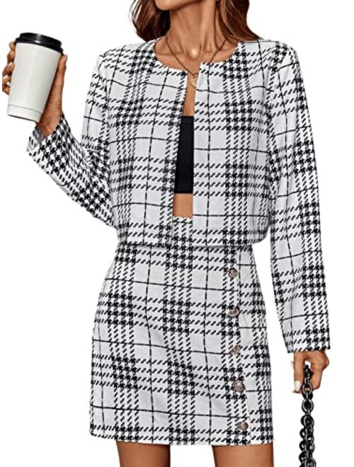 SweatyRocks Women's Business Suit 2 Pieces Tweed Blazer Jacket Coat and Skirt Set