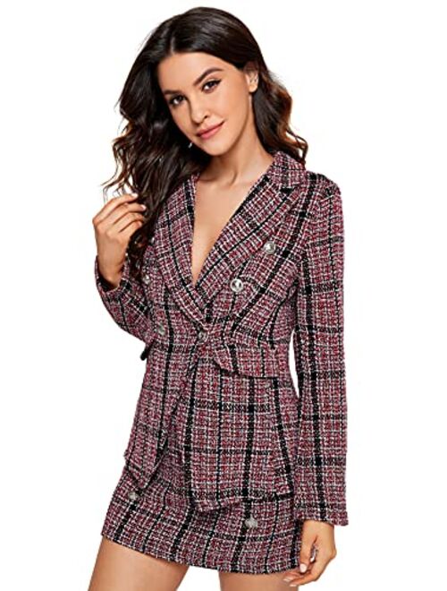 SweatyRocks Women's Business Suit 2 Pieces Tweed Blazer Jacket Coat and Skirt Set