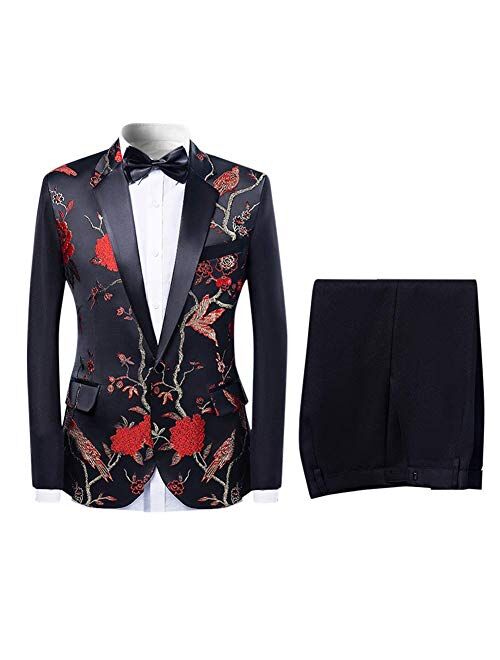 Mens 2-Piece Suits One Button Floral Blazer Dinner Jacket and Pants